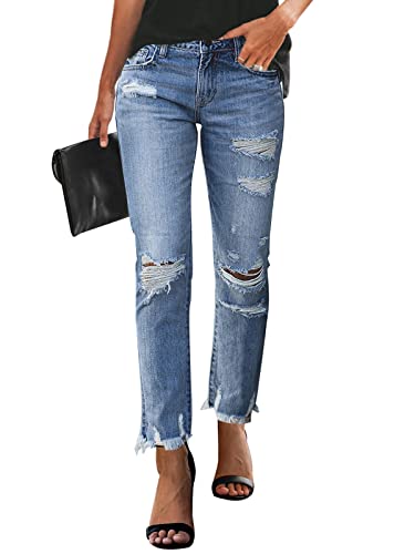 KUNMI Women's Ripped Boyfriend Slim Fit Jeans Frayed Distressed Stretchy Denim Pants