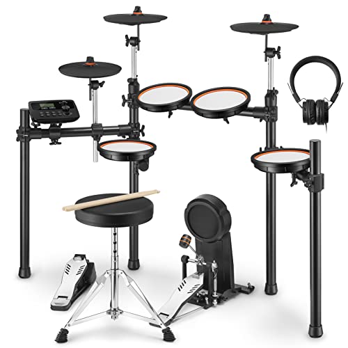 Donner DED-100 Electric Drum Set, Electric Drum for Beginner/Intermediate with Dual Zone Quiet Mesh Drum Pads, Mesh Kick Drum, 30+ Kits and 425 Sounds, Throne, Headphones, Sticks, Melodics Lessons
