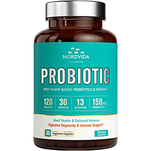 Nordvida Probiotic with Prebiotic & Digestive Enzymes, 30 Strains 120 Billion Live Cultures Guaranteed, Once Daily Digestive & Immune Care, Vegan No Gluten Dairy, Delayed Release & Shelf Stable