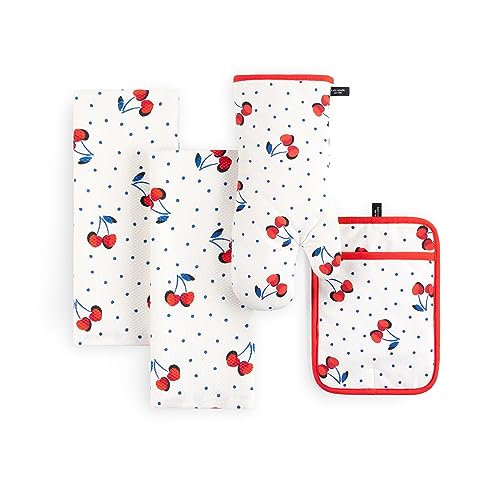 Kate Spade New York Cherry Dot Kitchen Towel, Oven Mitt & Pot Holder 4-Pack Set, 17' x 28', 7' x 13', 7' x 10', White/Red/Blue