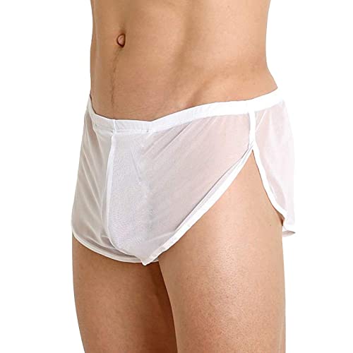 Men Breathable Underwear See Through Boxer Briefs Sheer Mesh Shorts Soft Underpants Lingerie Transparent Pants Valentine's Day Undies Comfort Pajamas Long Leg Stretch Home sports mens kit B36-White
