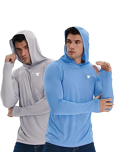 TELALEO 2 Pack Men's UPF 50+ Sun Protection Lightweight Hoodie Performance Long Sleeve SPF UV Shirt for Fishing Running Hiking Grey Blue XL
