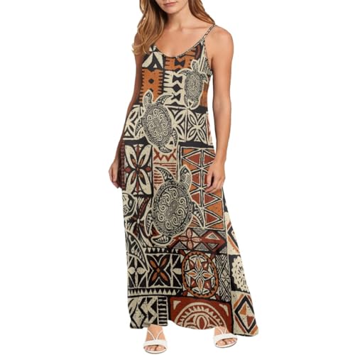 GLUDEAR Women Polynesian Club Dress Floral Spaghetti Strap Summer Casual Long Swing Sundress,Polynesia Vintage Totem,2XL