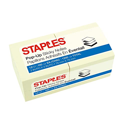 Staples 565438 Stickies Pop-Up Standard Notes 3-Inch X 3-Inch Yellow 100 Sh./Pad 12 Pads/Pk