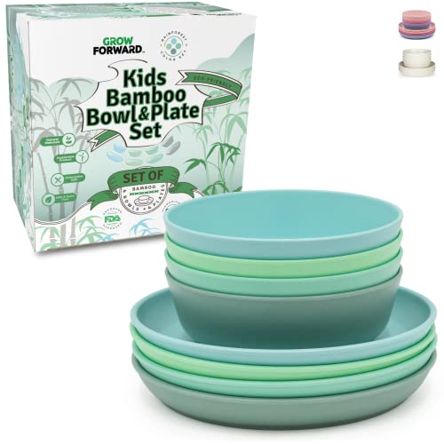 Grow Forward Bamboo Kids Plates and Bowls Set - 4 Bamboo Plates for Kids and 4 Bamboo Bowls for Kids - BPA Free & Dishwasher Safe - Eco Friendly and Reusable Childrens Dishes - Rainforest