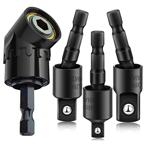 CIGOTU Right Angle Drill Adaptor,4-in-1 Impact Drill Bit Extension,360° Rotatable 1/4 3/8 1/2' Impact Grade Socket Adapter Set,105 Degree Angle Screwdriver Drill Bit for Household Workplace Industry