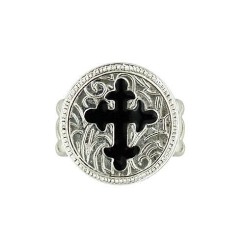 Vatican Library Collection Black Enamel Cross Silver Tone Stretch Ring