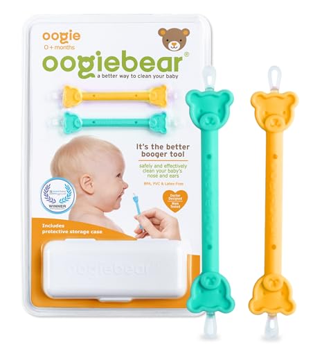 oogiebear: Baby Nose Cleaner & Ear Wax Removal Tool - Safe Booger & Earwax Removal for Newborns, Infants, Toddlers - Dual-Ended - Essential Baby Stuff, Diaper Bag Must-Have, Orange & Seafoam with case