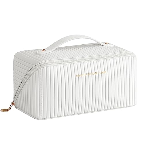 Cretkhp Large Capacity Travel Makeup Bag for Women, Pu Leather Cosmetic Bag with Handle and Divider, Flat Lay Waterproof Makeup Case Organizer Portable Toiletry Bag for Girls (White)