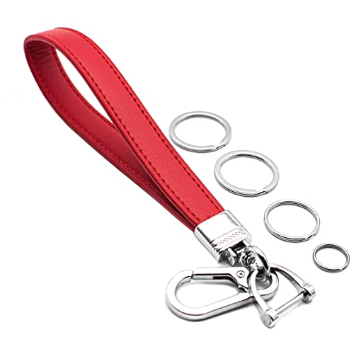 INFIPAR Car Fob Key Chain Genuine Leather Wristlet Strap Keychains Holder for Men and Women, 360 Degree Rotatable, with Anti-Lost D-Ring, Carabiner Clip and 4pcs Key Rings, Red