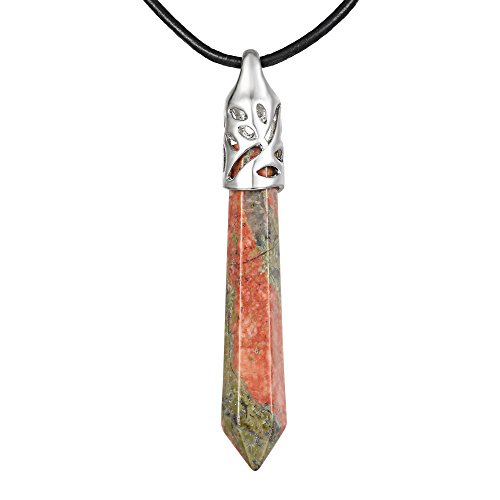 BRCbeads Gemstone Necklace, Unakite Pendant Crystal Hexagonal Healing Point Reki Chakra Unisex Genuine Leather Cord 20''