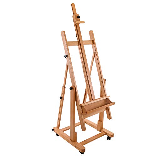 U.S. Art Supply Malibu Heavy Duty Extra Large Adjustable H-Frame Studio Easel with Artist Storage Tray - Tilts Flat, Sturdy Wooden Beech Wood Painting Canvas Holder Stand - Locking Caster Wheels