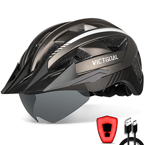 VICTGOAL Bike Helmet with USB Rechargeable Rear Light Detachable Magnetic Goggles Removable Sun Visor Mountain & Road Bicycle Helmets for Men Women Adult Cycling Helmets (L: 57-61 cm, Ti)