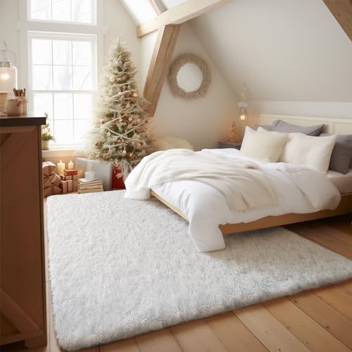 Ophanie White Rugs for Bedroom Fluffy, Machine Washable Shaggy Soft Area Rug, Non-Slip Indoor Floor Carpet for Living Room, Kids Baby Girls Teen Dorm Home Decor Aesthetic, Nursery, 4 x 6 Feet