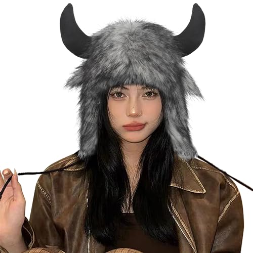MioCloth Cute Warm Plush Fluffy Faux Fur Hood Animal Hat Ears Costume Hat Christmas Gift (Gray Bull)