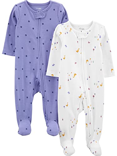 Simple Joys by Carter's Baby Girls' Cotton Sleep and Play, Pack of 2, Purple Polka Dot/White Ducks, Preemie