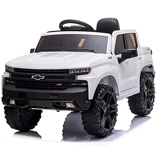 Kidzone 12V Battery Powered Licensed Chevrolet Silverado Trail Boss LT Kids Ride On Truck Car Electric Vehicle Jeep with Remote Control, MP3, LED Lights - White