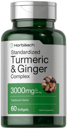 Horbaach Turmeric and Ginger Supplement 3000 mg | 60 Softgel Capsules | Turmeric Curcumin Complex with Black Pepper Extract | Non-GMO, Gluten Free