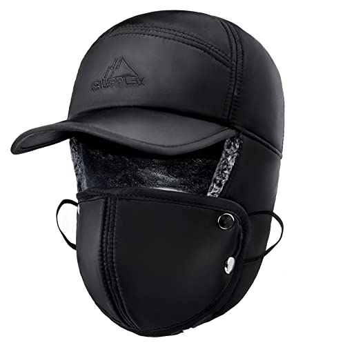 Winter Trapper Hats for Men Warm Trooper Hunting Hat with Ear Flaps Windproof Mask Ushanka Hat for Women in Color Black