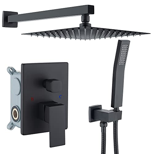 DMDMBATH Shower System Matte Black with 10 inch Rain Shower Head High Pressure Shower Faucet Set Shower Fixture Complete Combo Set Bathroom Bathtub Shower Trim Systems (Matte Black)