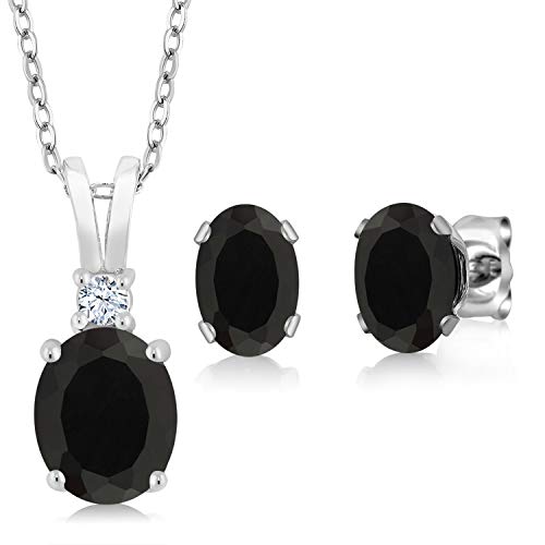 Gem Stone King 925 Sterling Silver Oval Black Onyx Pendant and Earrings Jewelry Set For Women (3.05 Cttw, Gemstone Birthstone, with 18 Inch Silver Chain)