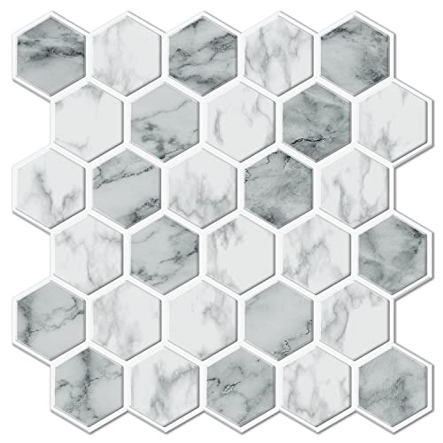 Vamos Tile Hexagon Peel and Stick Backsplash Tile, 10-Sheet Stick on Backsplash for Kitchen and Bathroom, Carrara White Marble Look PET Self Adhesive Honeycomb Mosaic Tiles with White Grout Line
