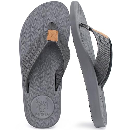 KuaiLu Mens Flip Flops Arch Support Comfortable Summer Beach Thong Sandals Yoga Foam Cushion Slip on Slippers Grey Size 11