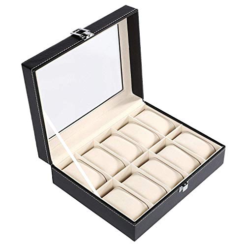 GUKA Watch Box 10 Slot Display Case Real Glass Organizer Storage with Pu Leather for Men and Women