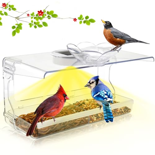 WENMIXER Solar Bird Feeder for Outdoor, Clear Window Bird Feeder for Outside with Non-Marking Self-Adhesive Hooks, Wild Bird Watching Gift, Garden Decor