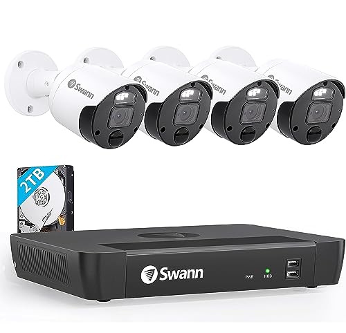 SWANN Master 4K 8 Channel Home Security Camera System, 2TB NVR, 4 PoE IP Cameras Outdoor, 8MP Wired Surveillance CCTV, Heat Motion Vehicle Detection, LED Light, 24/7 Recording Security Camera, 876804