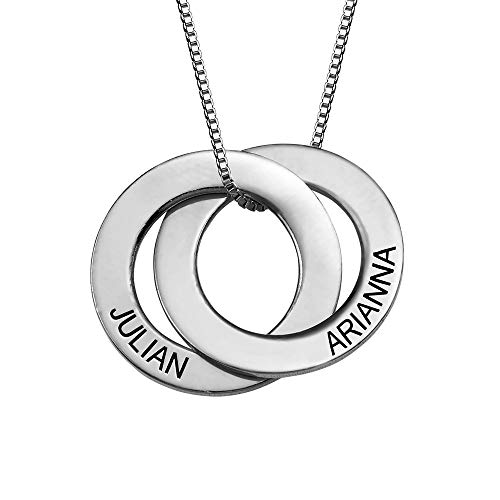 MYKA - Engraved 2 Russian Ring Circles Necklace in Sterling Silver – Personalized Intertwined Name Pendant - Custom Made Jewelry - Gift for Women, Mom - Gifts for Christmas Mother’s Day (Sterling Silver)
