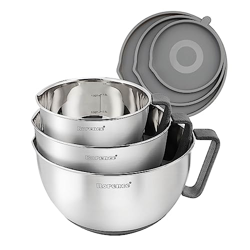 Rorence Mixing Bowls Set: Stainless Steel Non-Slip Bowls with Pour Spout, Handle and Lid - Set of 3 - Gray