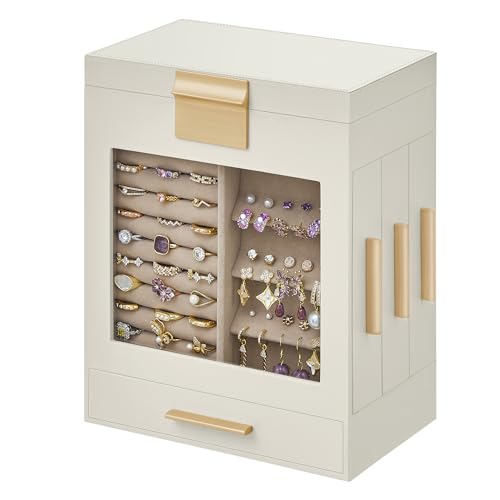 SONGMICS Jewelry Box with Glass Window, 5-Layer Jewelry Organizer with 3 Side Drawers, Jewelry Storage, with Big Mirror, 5.1 x 7.9 x 9.7 Inches, Christmas Gifts, Cloud White and Metallic Gold