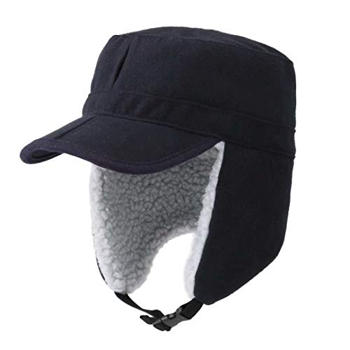 Home Prefer Mens Trapper Hat Warm Earflaps Winter Hat with Chin Strap Military Cap Flat Top Radar Hat Navy Blue
