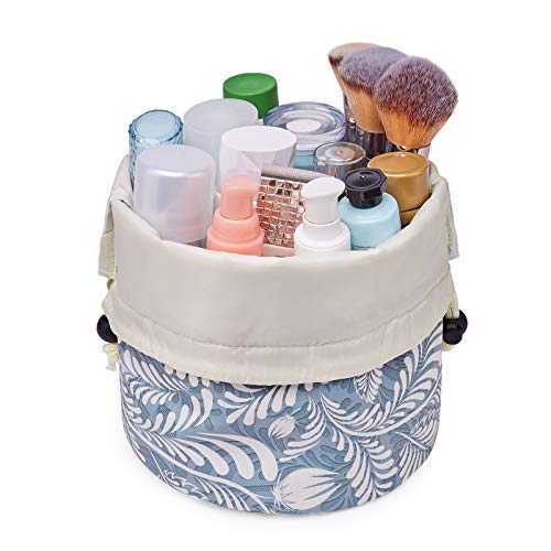Barrel Drawstring Makeup Bag Travel Cosmetic Bag Large Toiletry Organizer Waterproof for Women (Large, Blue Leaf)