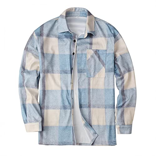 Brushed Flannel Shirt for Men,Long Sleeve Berber Shackets Check Button Down Plaid Print Varsity Jacket Western Camp Tops