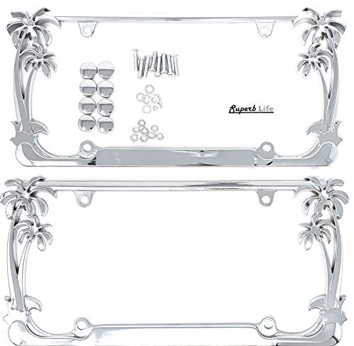 Tropical Palm Tree Chrome Polished License Plate Frame (2 Frames) with Screws Caps by Superb LNF (Chrome)