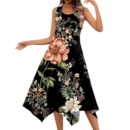 WOSHIMEINV Amazon Outlets Store Best Sundresses for Women Summer Dresses for Women 2024 Trendy Boho Floral Print Cover Up Crew Neck Sleeveless Sundresses Irregular Hem Dress XXL