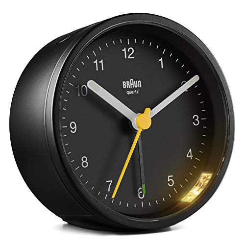 Braun Classic Analogue Alarm Clock with Snooze and Light, Quiet Quartz Movement, Crescendo Beep Alarm in Black, Model BC12B.