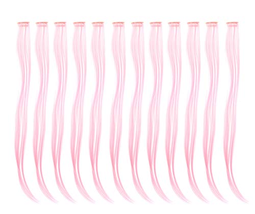 SWACC 12 Pcs Straight One Color Party Highlights Clip on in Hair Extensions Colored Hair Streak Synthetic Hairpieces (Pink)