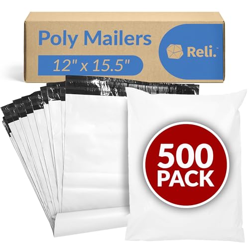 Reli. Poly Mailers 12x15.5 | 500 Pcs Bulk | Shipping Envelopes | White Packaging Bags for Shipping | Non-Padded Polymailers, Self Sealing Mailing Bags for Clothing, Bulk (White)