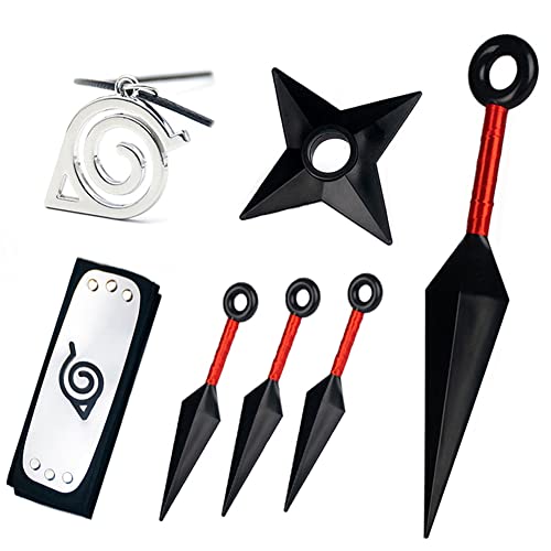Animes Ninja Cosplay Full Set in Box 3PCS Small Plastic Kunai Ninja Leaf Village Headband and Necklace, and 1 Big Plastic Kunai, Animes Cosplay Accessories Black