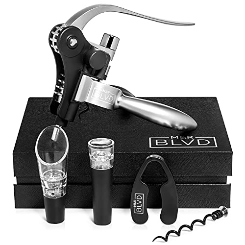 Wine Bottle Opener Set by M&R Blvd. - Professional Grade, Deluxe Screwpull Lever Corkscrew - Extra Spiral, Foil Cutter, Aerator Spout, Wine Stopper - Premium Bar Accessory & Wine Gift Set - Silver