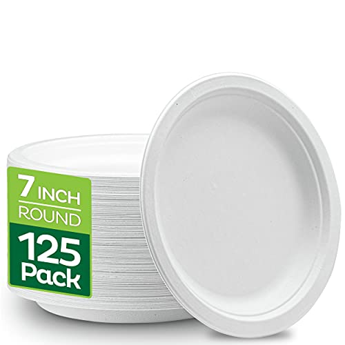 100% Compostable Disposable Paper Plates [125-Pack] - {PFAS-Free} - {BPI Certified} - [7 Inch] Heavy Duty, Eco-Friendly, Biodegradable Bagasse Dinner & Lunch Plates - Thick White 7' Plate by Stack Man