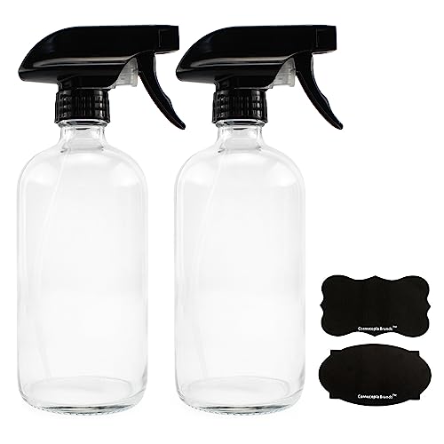 Cornucopia 16oz Clear Glass Spray Bottles w/Chalk Labels (2 Pack); Boston Round Bottles with 3-Setting Adjustable Heavy Duty Sprayers