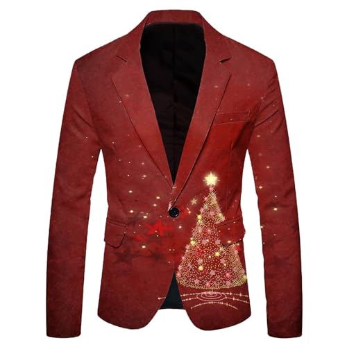 MYNKYLL Men's Single One Button Christmas Printed Casual Suit Jacket Fashionable and Slim Fitting Mens Rain (Red, XXL)
