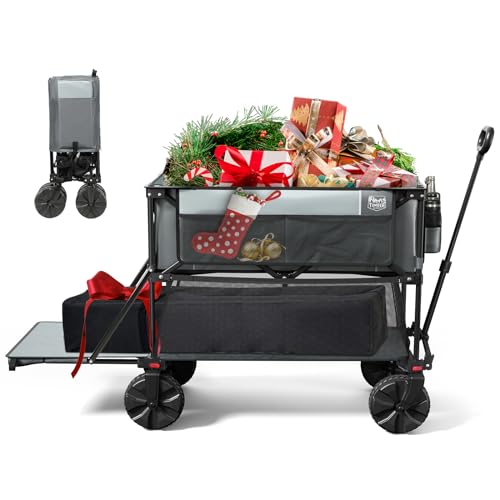 TIMBER RIDGE 400L Large Capacity Folding Double Decker Wagon, 54' Extra Long Extender Wagon Cart, 450lbs Heavy Duty Collapsible Wagon, All-Terrain Big Wheels for Camping, Sports, Shopping, Gray