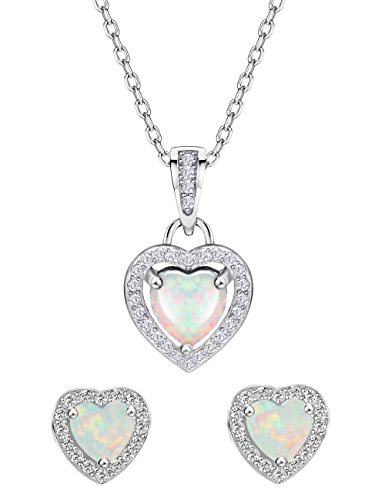 Mints Opal Jewelry Set Sterling Silver Heart Pendant Necklace Stud Earrings October Birthstone Gemstone Jewelry for Women