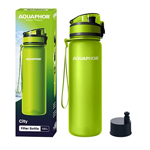 AQUAPHOR City Bottle 500ml Green | Travel Water Bottle with Activated Carbon Filter | Filters Chlorine & Impurities | Made of Tritan & BPA-Free | Stay Hydrated On The Go!