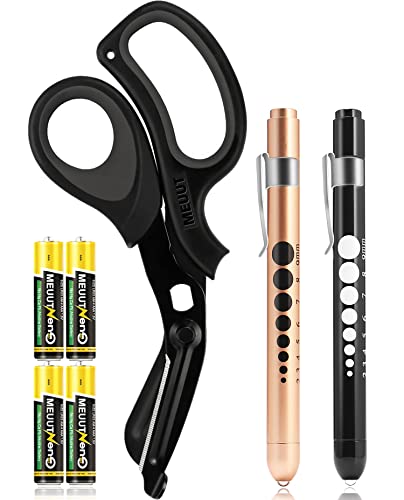MEUUT 3 Pack Medical Scissors and penlights for Nurses with Four Batteries-One 8' Patented Trauma Scissor Bandage Scissor Two LED Pen lights for Nurse Doctor EMT First Aid